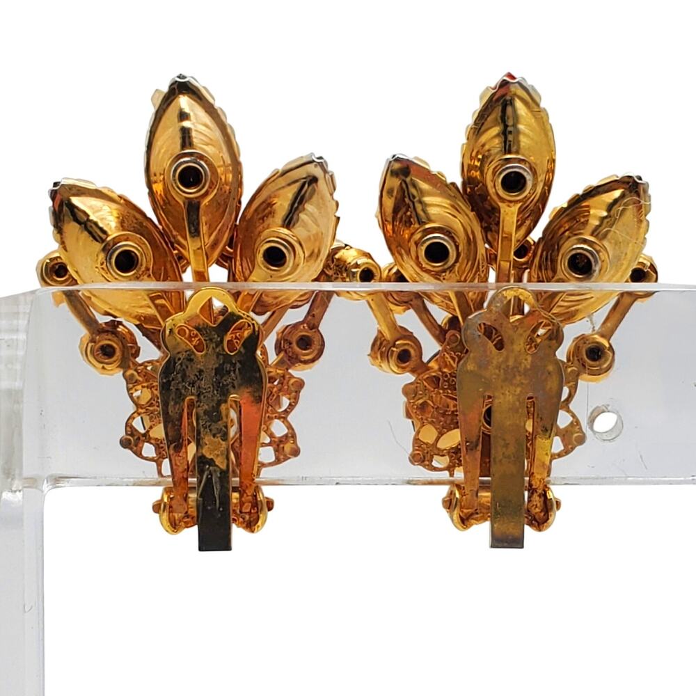 Autumn Rhinestone Clip Earrings Orange Green Topaz Floral Spray Harvest Fall Vtg - Picture 5 of 8